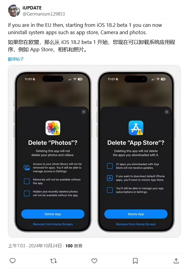 嫩江苹果手机维修分享iOS 18.2 支持删除 App Store 应用商店 