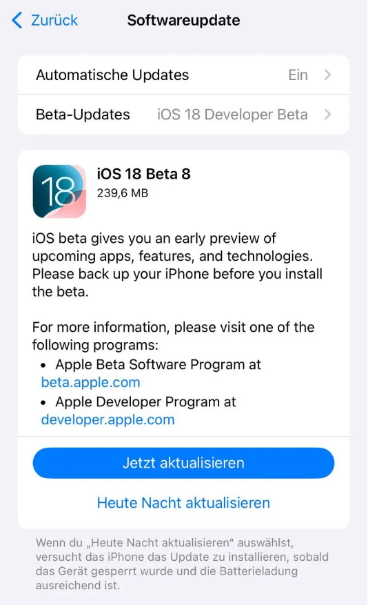 嫩江苹果手机维修分享苹果 iOS / iPadOS 18 开发者预览版 Beta 8 发布 